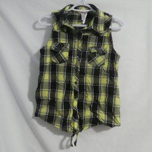 JUSTICE | size 20 | button down plaid tank | tie waist | silver rhinestones